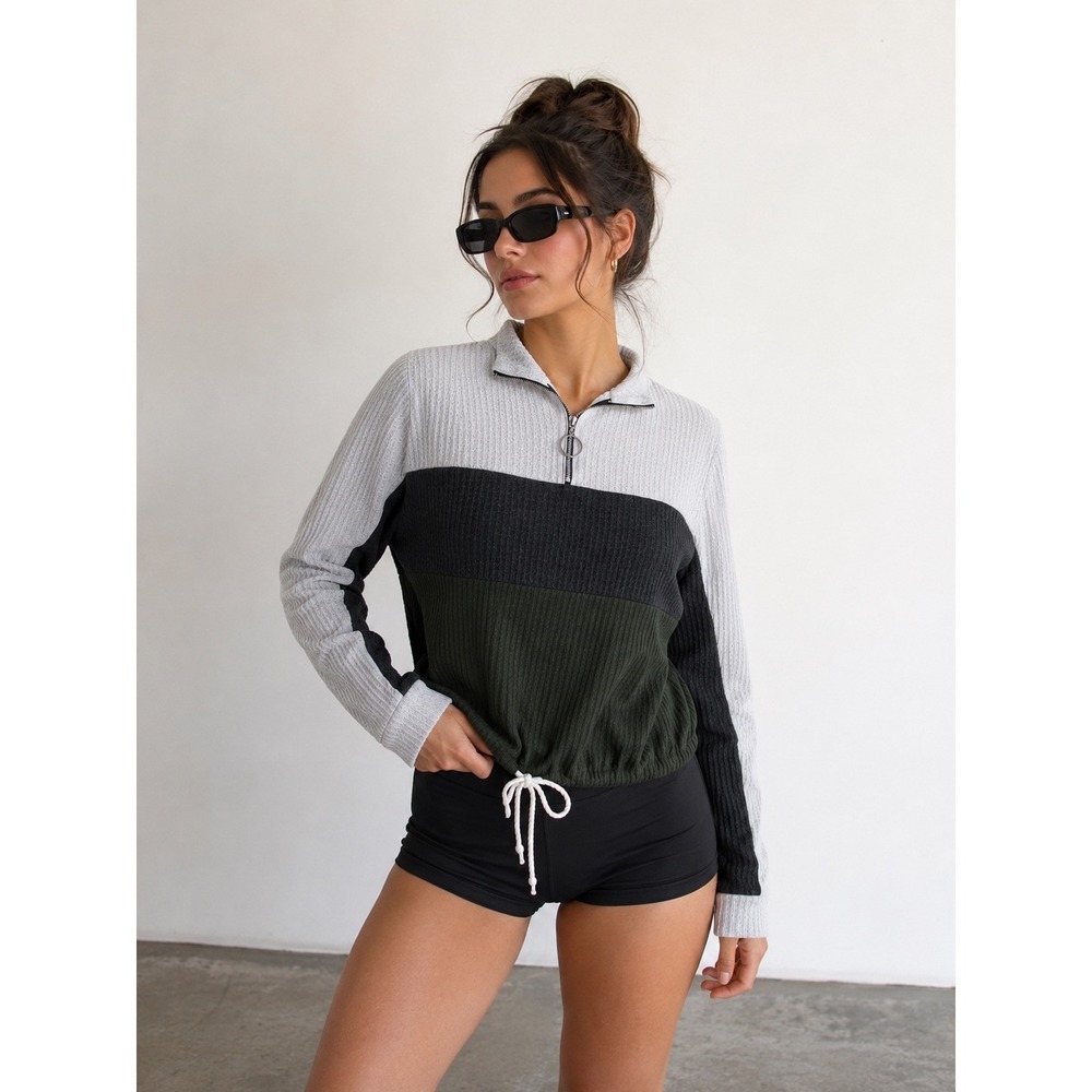 Tresics Waffle Knit Colorblock Quarter Zip Pullover Top Grey Green Large